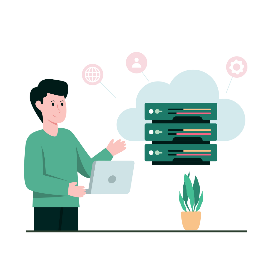 Illustration af en medarbejder med laptop, server og cloud-tjenester